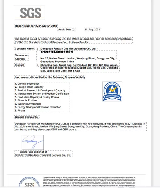 Dongguan Fangxin Gift Manufacturing Co., Ltd. Certifications