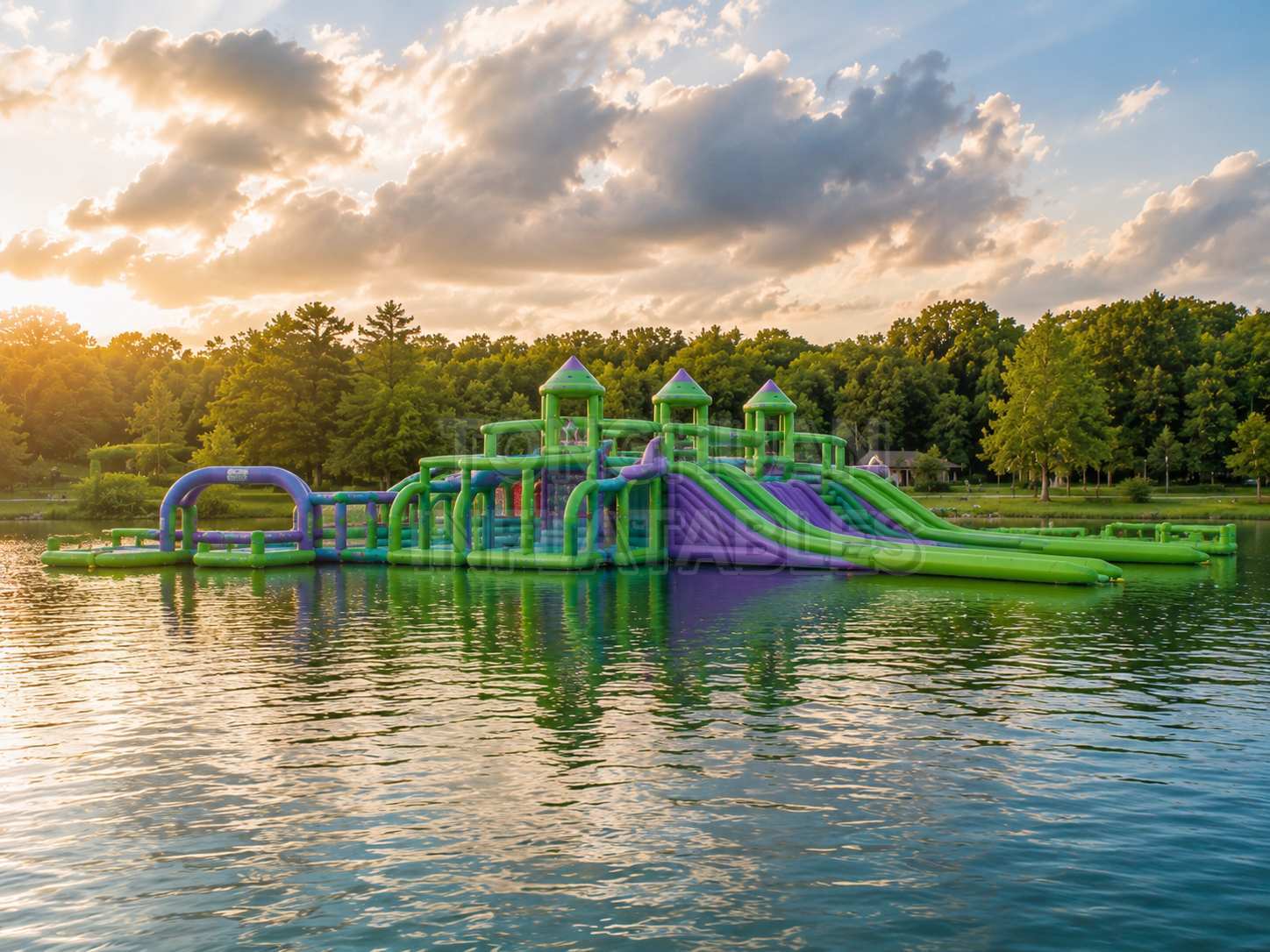 Custom Large Floating Inflatable Water Park with Multi Lane Slides Towers Obstacles and Aqua Playground Modules for Resorts Lakes Camps and Rental Operations