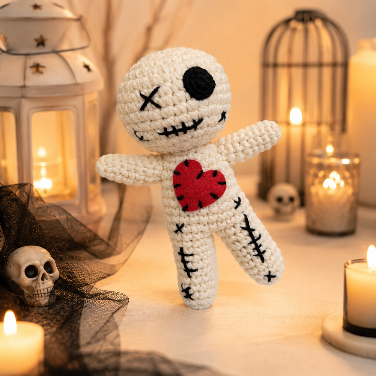 Crochet Voodoo Doll Set Halloween Plush Decorations Handmade Style Spooky Party Decor Goth Room Ornament Festival Display Stuffed Yarn Doll for Haunted House Carnival Cosplay Gifts