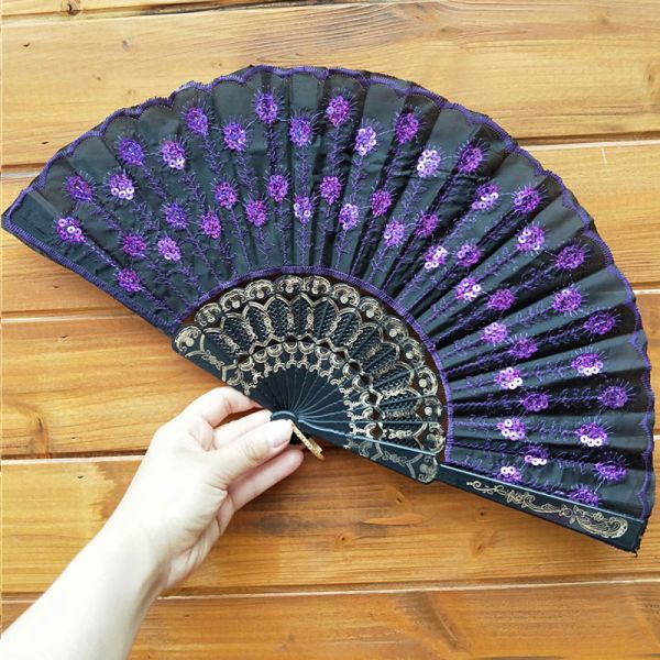 [I AM YOUR FANS] Embroidery Sequin Hand Fan Classic Plastic Frame Fabric Dancing Hand Fan for Holiday Events Wedding