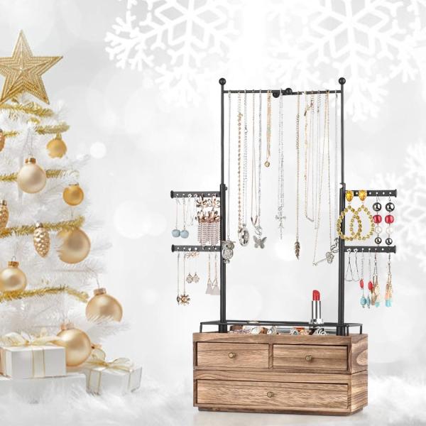 Plain Wooden Box Custom 6 Tier Jewelry Tree Stand with 2 Layer Jewelry Drawer Storage