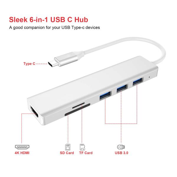 6 портов USB-C Хаб Сплитер USB-C Расширитель портативный адаптер USB Многопортовый дата-хаб