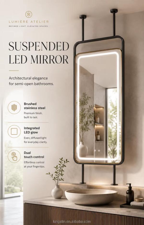 Kingstin Stainless Steel Suspended LED Bathroom Mirror for Semi-Open Vanities, 3 Color Temperature, Anti-Fog, Custom Rods