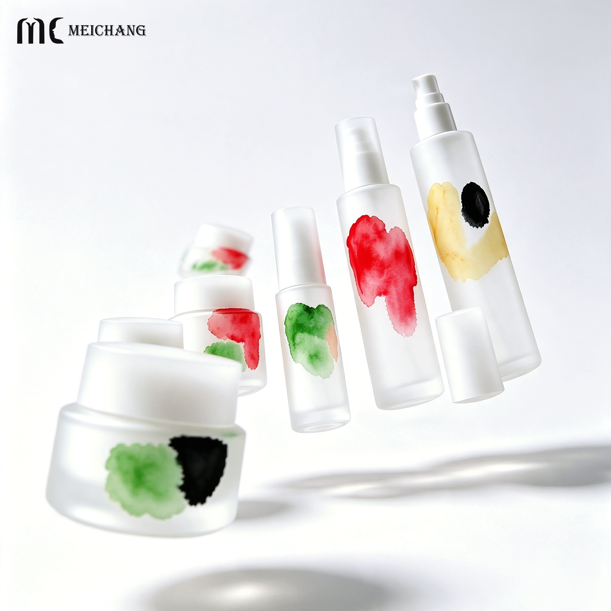 Custom Gradient Silver Electroplated Silk Screen Printed Frosted Glass Skincare Packaging Set with Multiple Dispensing Options