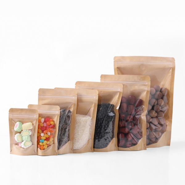 Customizable Stand up Pouch With Window  Kraft Paper Food Packaging Bag Ziplock Bag