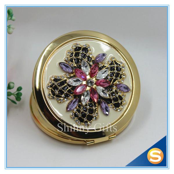 Shinny Gifts Luxury Rhinestone Flower Design Metal Compact Mirror Small Makeup Mirror For Girls Gift