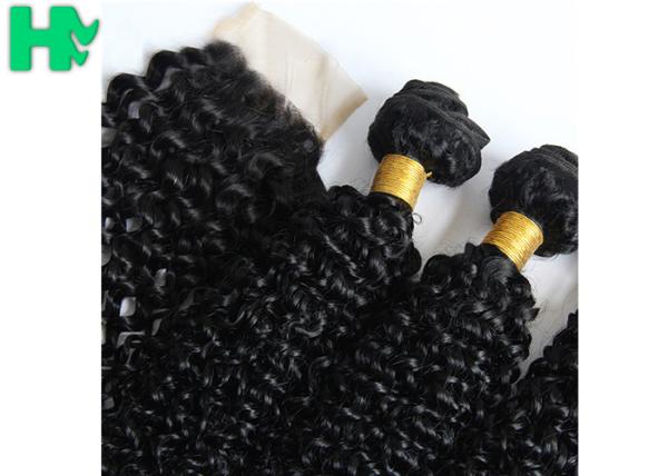 Peruvian Human Hair Kinky Curly Frontal Lace Closure With Bundles Double Weft