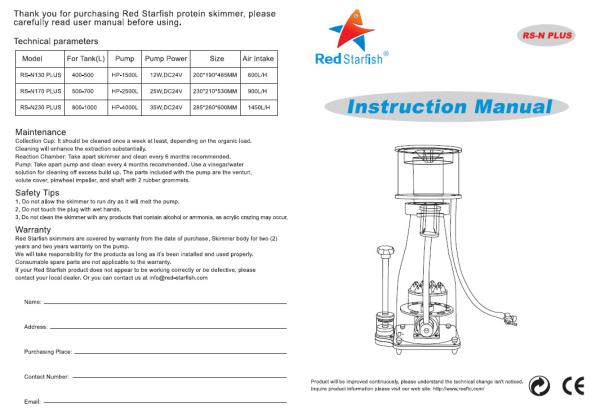 Red Starfish DC protein skimmer RS-N130plus for 400-500L(100gal-140gal)  tank with special bubble plate