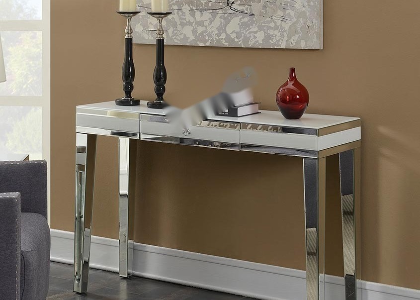 Mirrored Surface Side Table with White Glass and 1 Drawer Compact Vanity Table