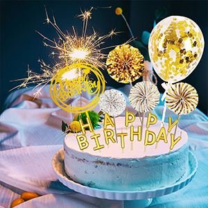 Birthday Paper Fans Banner Confetti Balloon Fireworks Golden Cupcake Topper For Gold Theme Party Decor Girl Boy Kid