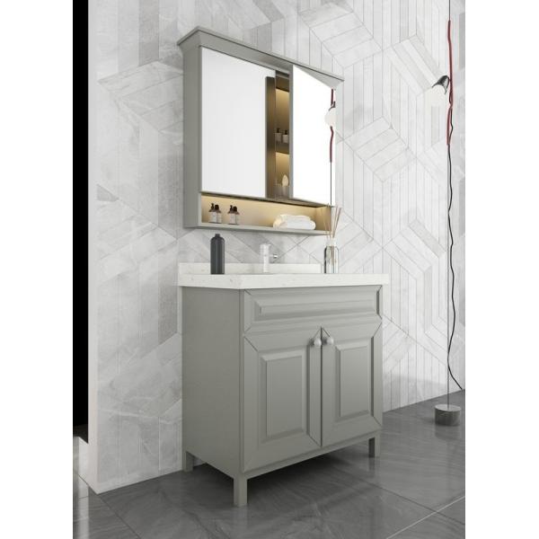 Vanité de salle de bains en acier inoxydable gris avec élégante armoire miroir et porte en forme