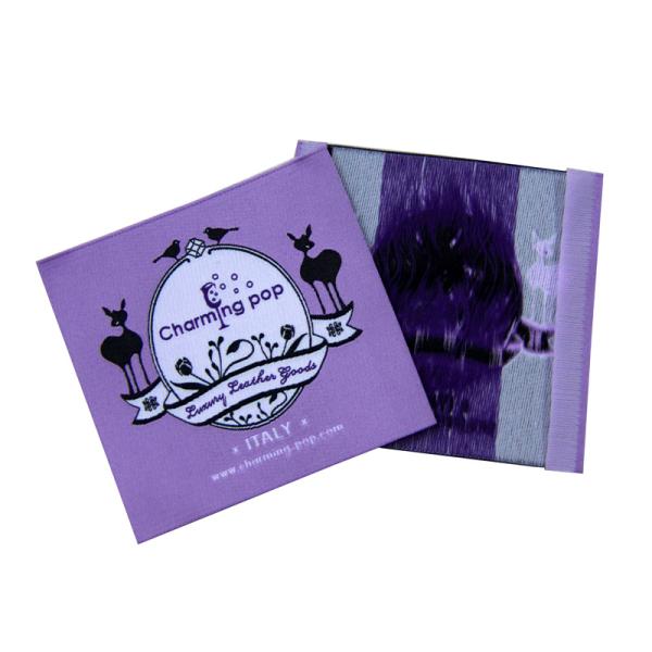 Purple 30D yarn Clothing Woven Labels shrink-proof for garments