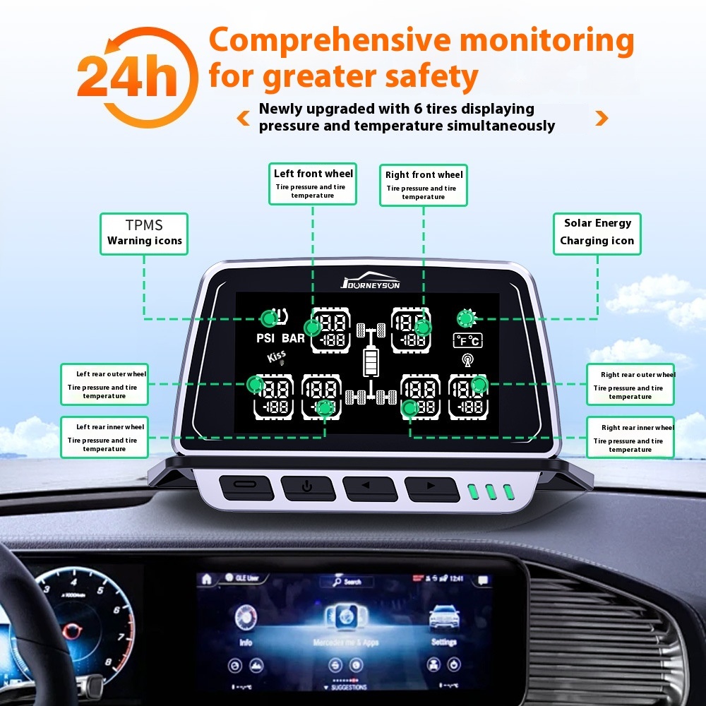 JYS Large Screen Display Truck Tire Pressure Temperature Monitor 6 Wheels Color Screen Design TPMS Sensor Universal 4V