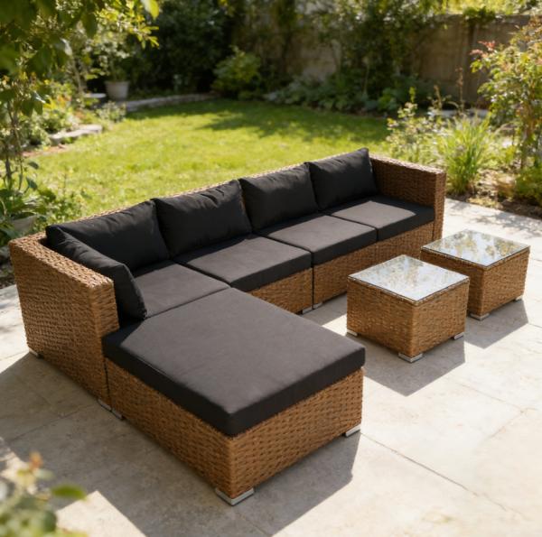 All Weather PE Rattan Wicker Outdoor Patio Furniture Set L Shaped Sectional Sofa 2 Coffee Tables Single Chair for Garden
