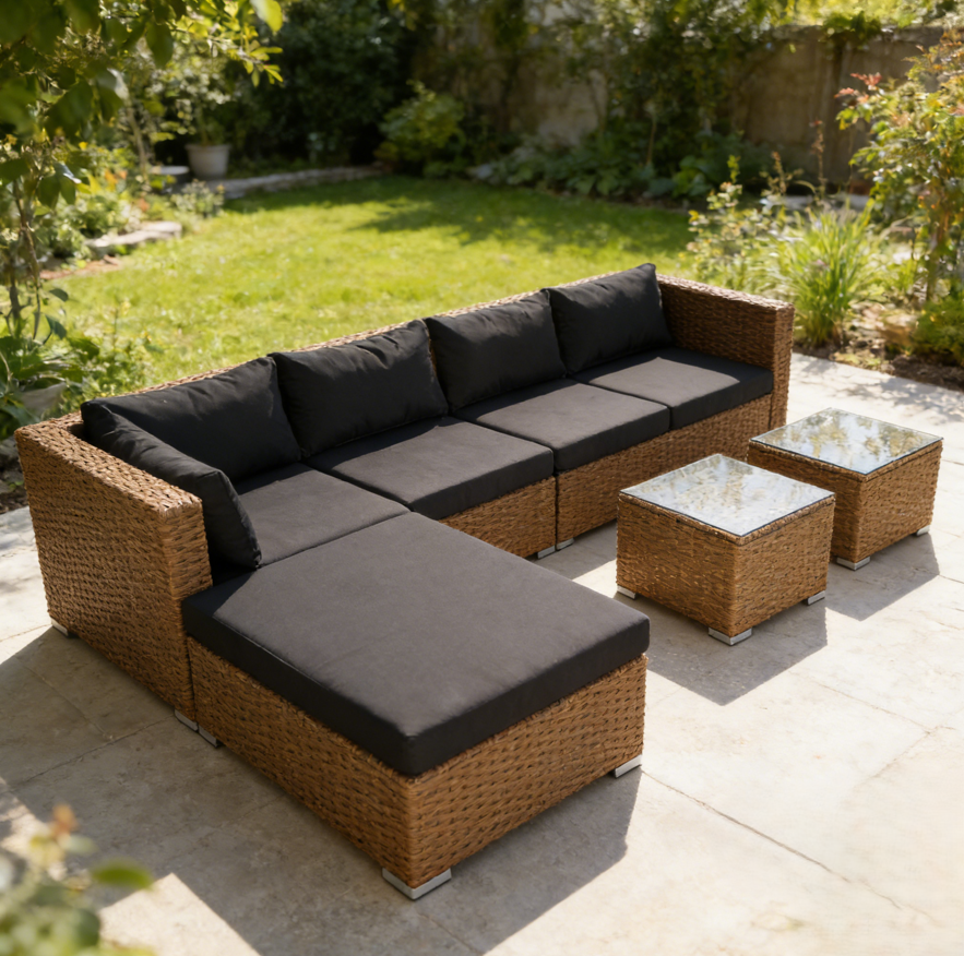 All Weather PE Rattan Wicker Outdoor Patio Furniture Set L Shaped Sectional Sofa 2 Coffee Tables Single Chair for Garden