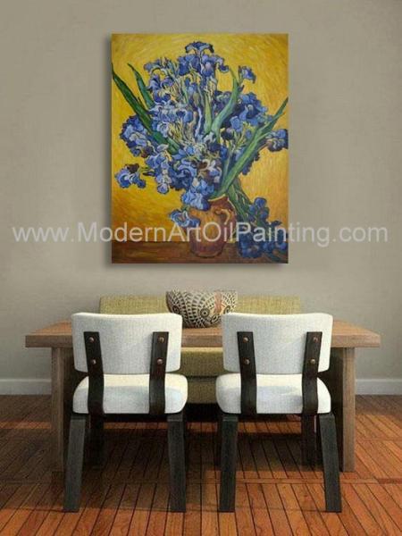 Custom Hand Painted Van Gogh Irises In Vase Against A Yellow Background