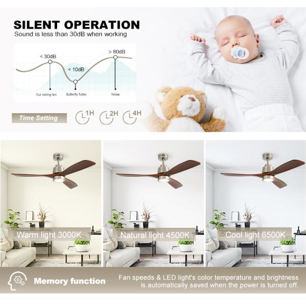 110-240V/50Hz-60Hz Voltagem de entrada V Ventilador de teto LED com corpo metálico e lâminas de madeira maciça