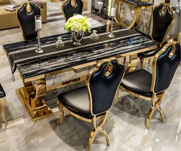 Rectangle Shape Dubai 8 Seater Marble Dining Table Set Stainless Steel Base With Chairs