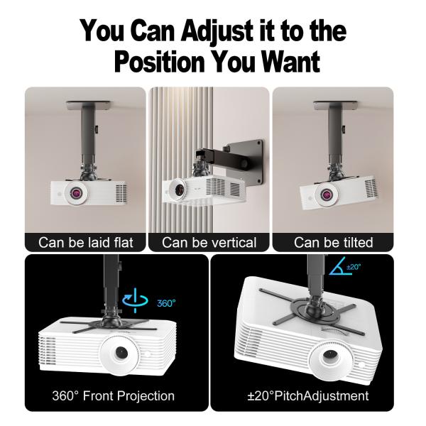 Full Motion Projector Ceiling Mount Adjustable Height Extendable Projector Mount Gray