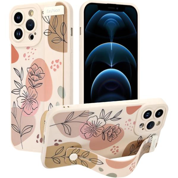 iPhone 12 Pro Max Silicone Case with Strap for Women Girls Cute Floral Flowers Pattern Design Adjustable Soft Wirstband