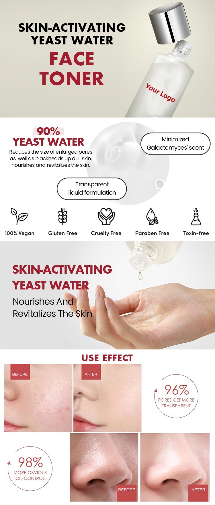 OEM ODM brand customized yeast water toner facial skincare advanced anti-aging repair acne cleaner skincare products facial toner