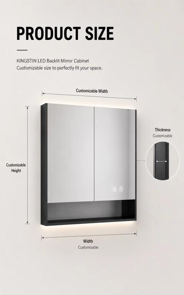 Kingstin LED Backlit Mirror Cabinet, Anti-Fog Aluminum Alloy Smart Bathroom Medicine Cabinet with Storage & USB