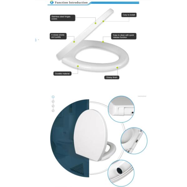 Белое D-образное мягкое закрытое крышко сиденья туалета с крышкой быстрого освобождения и двумя кнопками нажатия
