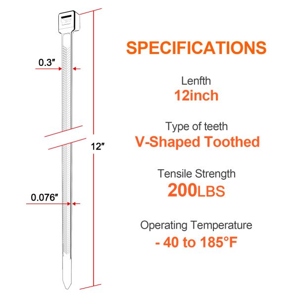 Heavy Duty V Shaped Zip Ties 12 Inch 200 LBS Tensile Strength Durable Adjustable Nylon Tie Wraps