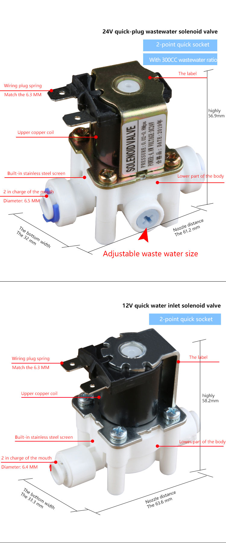 Впускной клапан очистителя воды DC12v 24v, 2 точки, 3 точки, электромагнитный клапан общего назначения