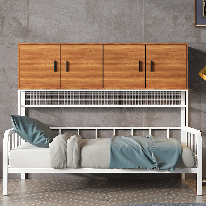 Kid's Single Dormitory Bed Loft Bunk Bed Sets with Wood Storage Boxes and Metal Frame