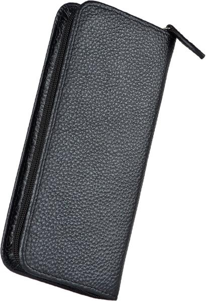 Genuine Leather Fountain Pen Case 3 Divided Slots Black Color, Zippered Pen Case Pouch