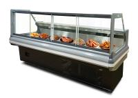 O tipo de vidro moderado supermercado fino do ângulo direito indica o congelador do açougue da exposição da carne do refrigerador