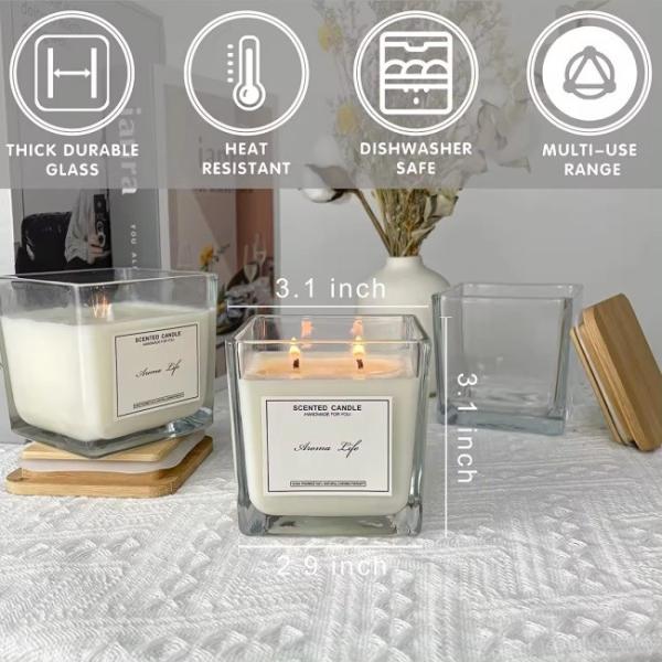 Scented Empty Glass Candle Jars With Custom Lid Applique Glossy Square Glass Bottle