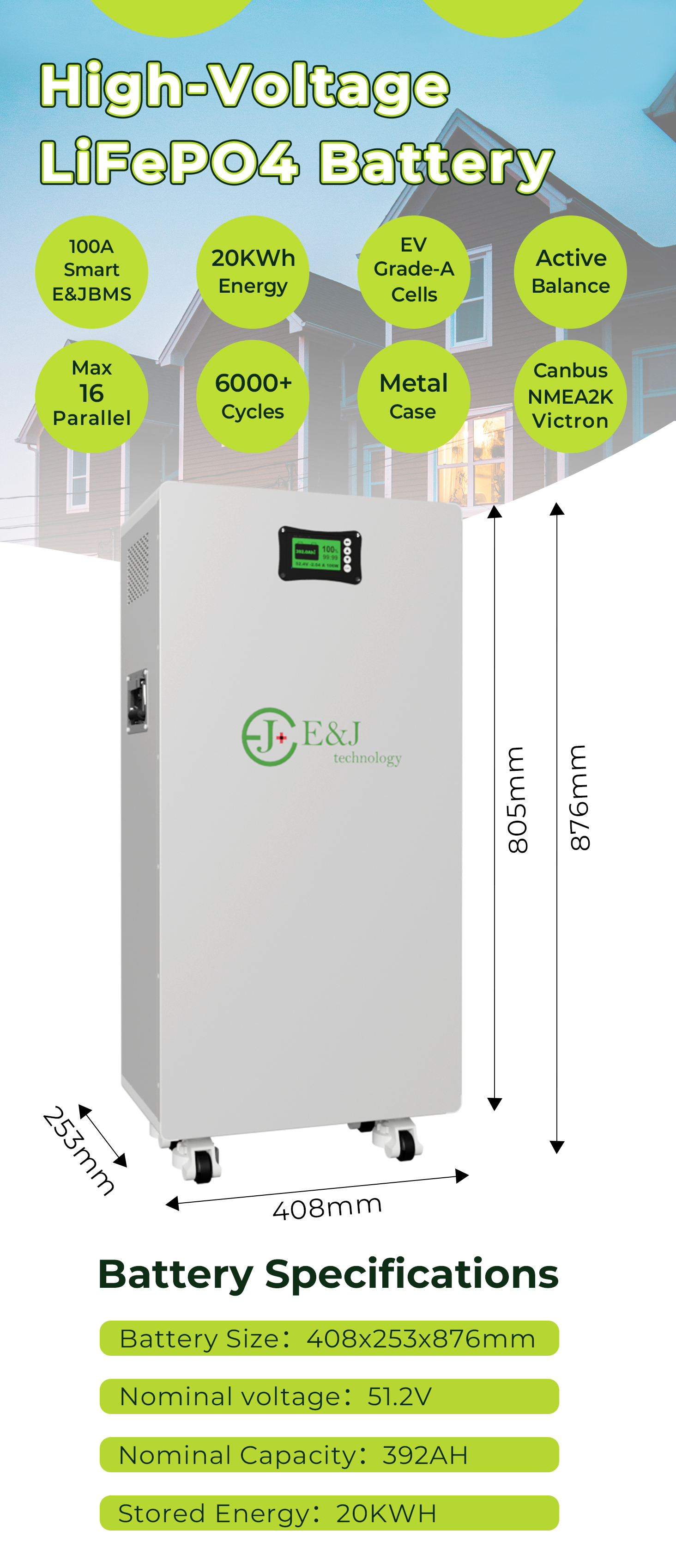 48V 392Ah 20kWh Solar Battery Cabinet Type LiFePO4 ESS Compatible With Deye Victron Growatt Inverters Floor Mounted Lithium