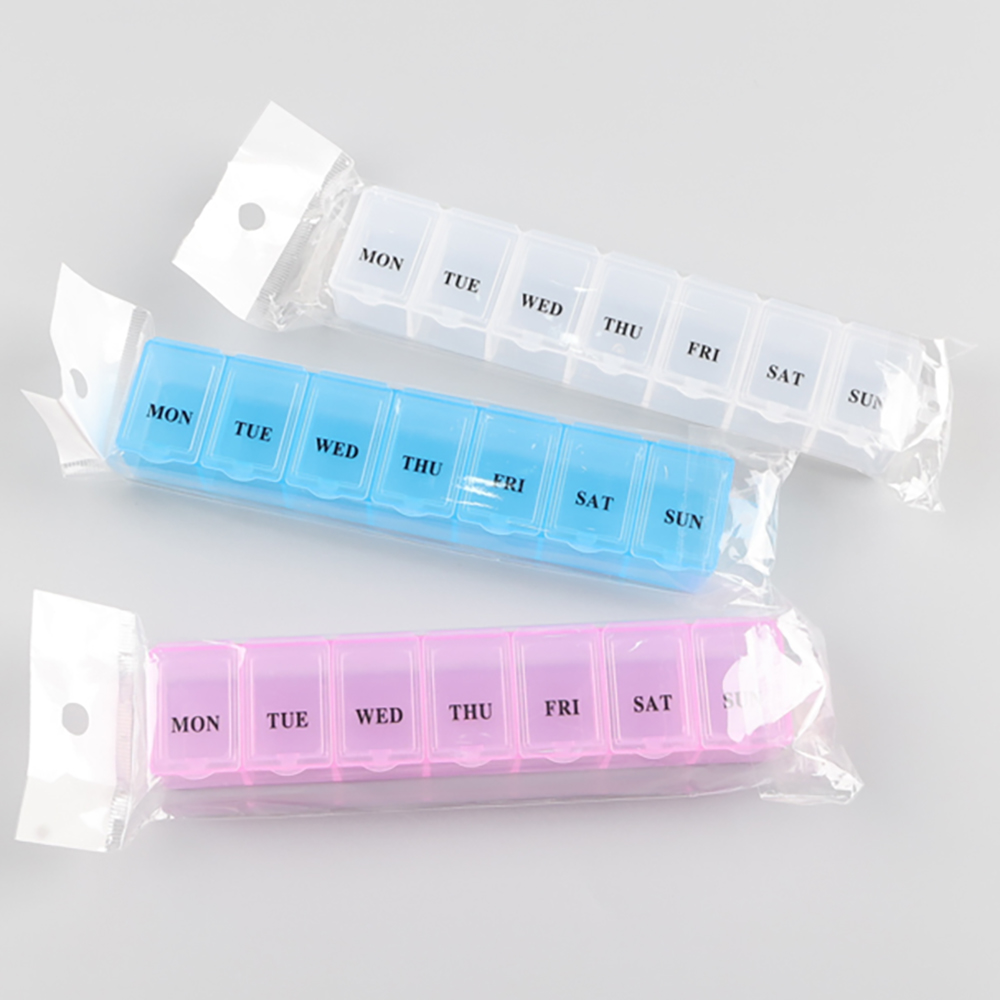 pill box Портативный длинный пластиковый организатор коробки таблетки 7 решеток еженедельный с ясной крышкой