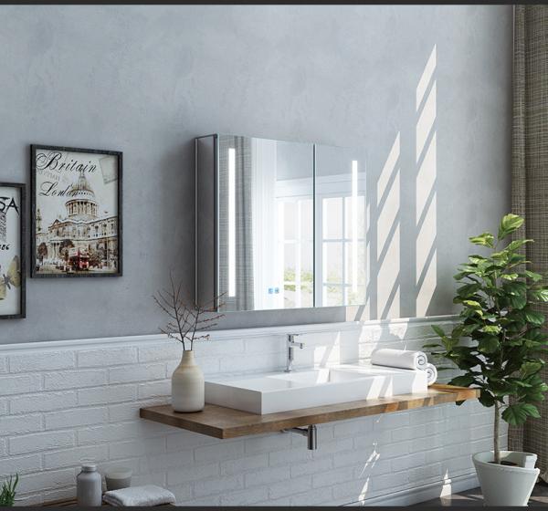 Digital Clock Wall Mirror Cabinet Aluminum Bathroom LED Mirror Cabinet Rectangle