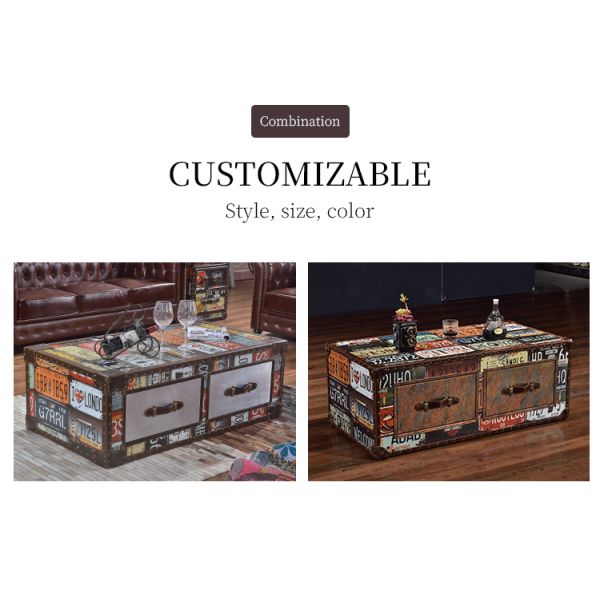 Nidea #8653 Handcrafted Durable Multi-purpose Vintage Wood Living Room Cabinet Retro License Plate Design Featuring Two Drawers