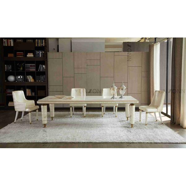 Embroidery Leather Cover Luxury Modern Dining Tables White Tempered Glass Top Stainless Steel Frame For Home