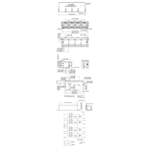 Magnetic RJ45 Connector 1 x 4 ports Ganged RJ45 Modular Jack Tab Down Green Yellow LED