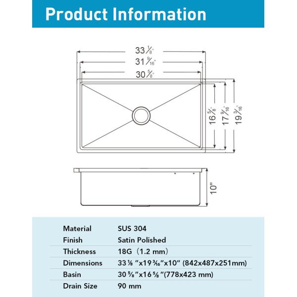 Rectangular 33 Inch Stainless Steel Kitchen Sink With Satin Polished Finish