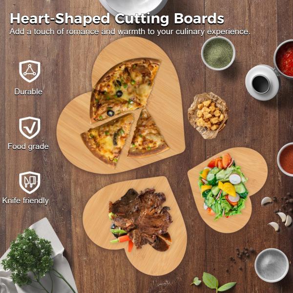Tabelas de corte de bambu em forma de coração sustentável 3 pcs para cozinhas profissionais