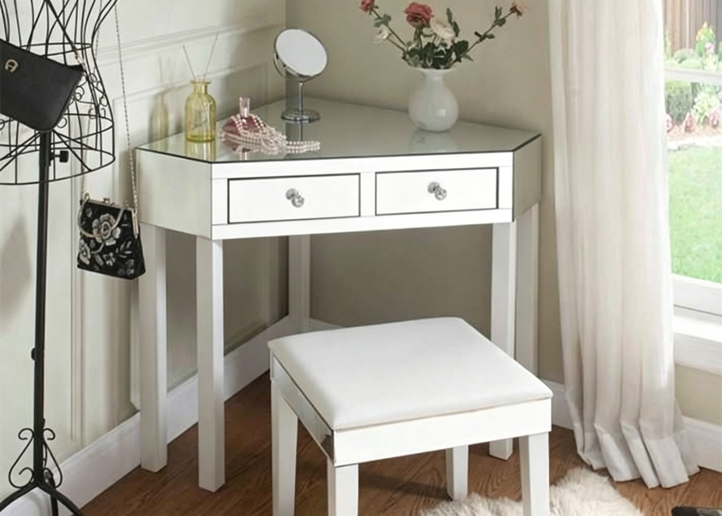 JS0330 Silver Mirror Dressing Table with MDF Material and Solid Wood Construction