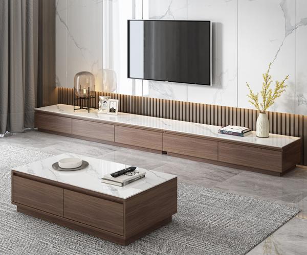 Gelaimei White Granite Top Walnut Laminate Short TV Stand With Drawers