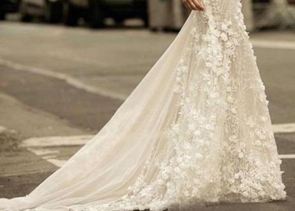 Mermaid Long Tail Prom Dresses , Floral Lace Wedding Gown Open Back Deep V Neck