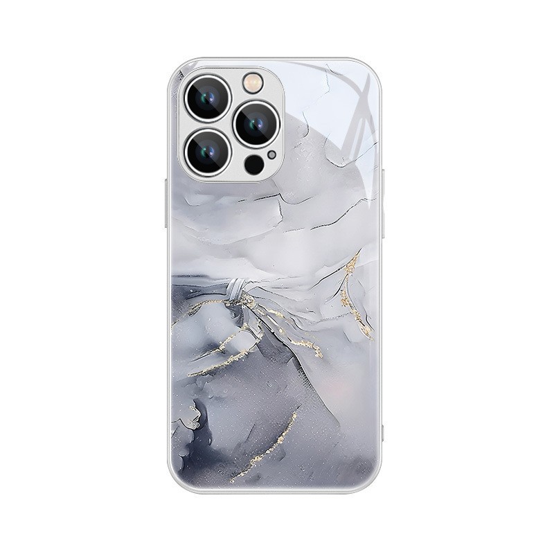 Glass Gilded Marble Texture Watercolor Bloom Phone Case for iPhone 11 12 13 14 15 Pro Max Plus Street Fashion Ins Style