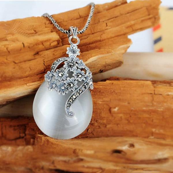 Thai 925 Silver Pendant Necklace White Opal and Marcasite (JX467WHITE)
