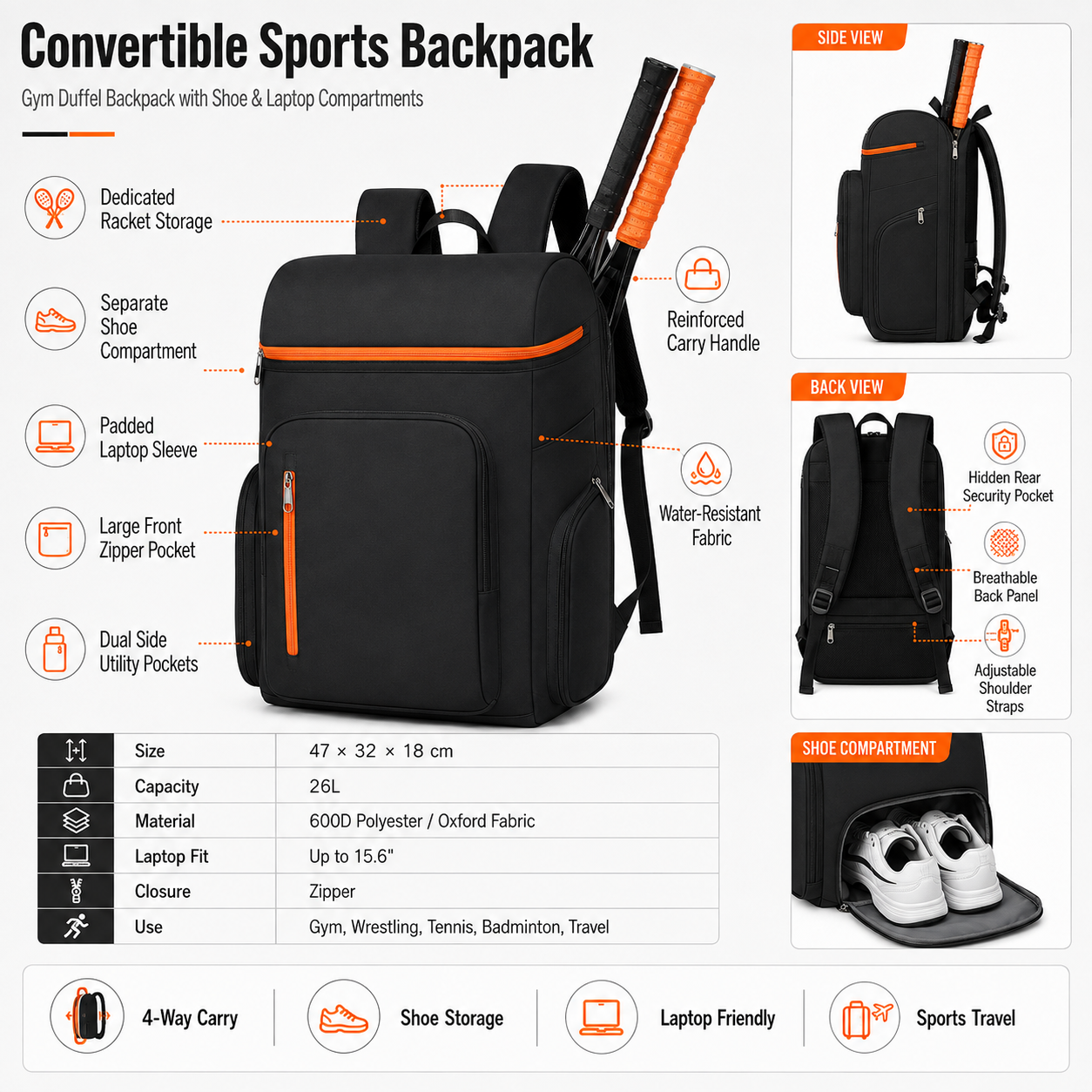 Convertible Gym Duffel Backpack with Shoe & Laptop Compartments, 4-Way Carry Waterproof Sports Bag for Wrestling, Training & Travel