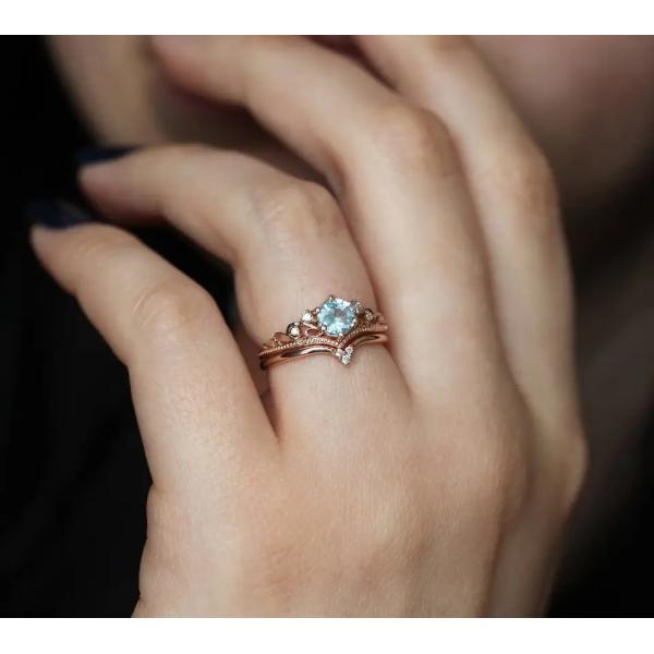 Delicate S925 Rose Gold Plated Natural Round Shape Aquamarine Ring Women Jewelry