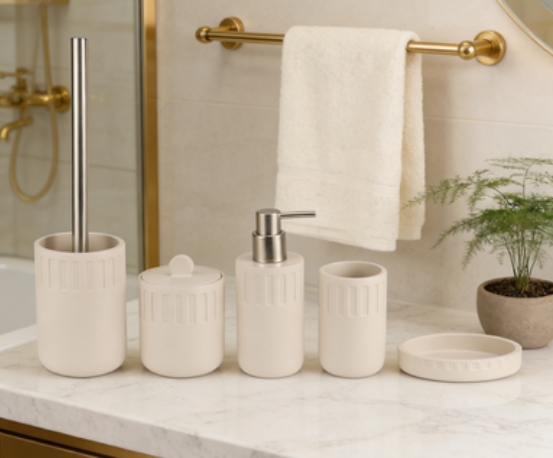 Polyresin bathroom accessories ser round with vertical stripe simple design soap dispenser