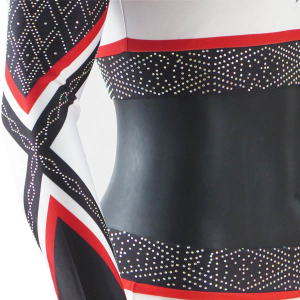 Breathable Rhinestones Cheerleader Crop Top And Skirt Red / White / Black Color